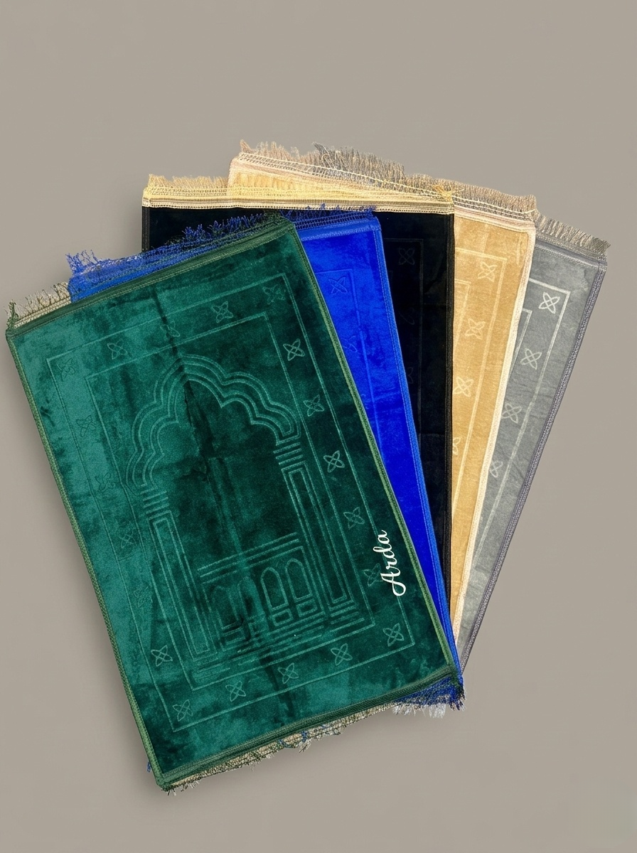 Gebetsteppiche in den Farben grün, blau, schwarz. beige und grau